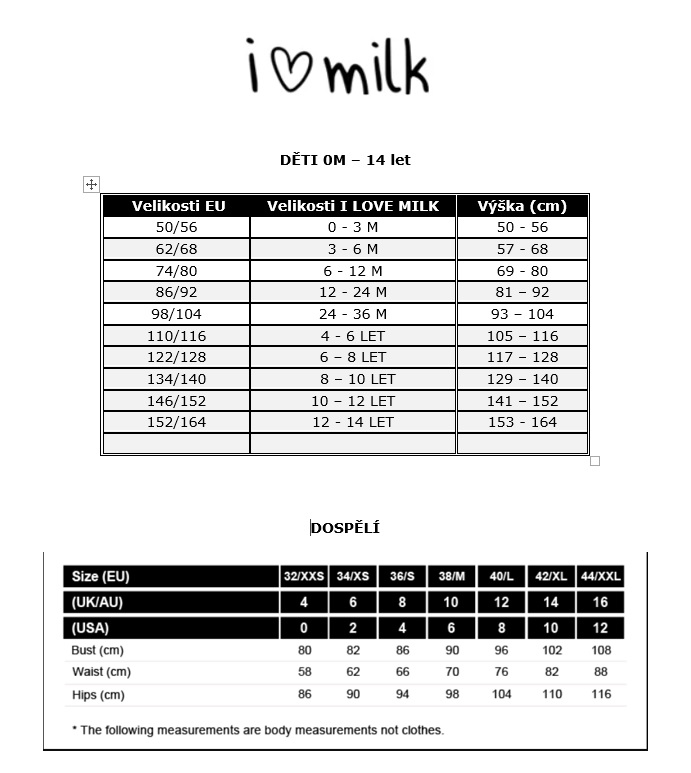 i LOVE MILK TABULKA VELIKOSTÍ